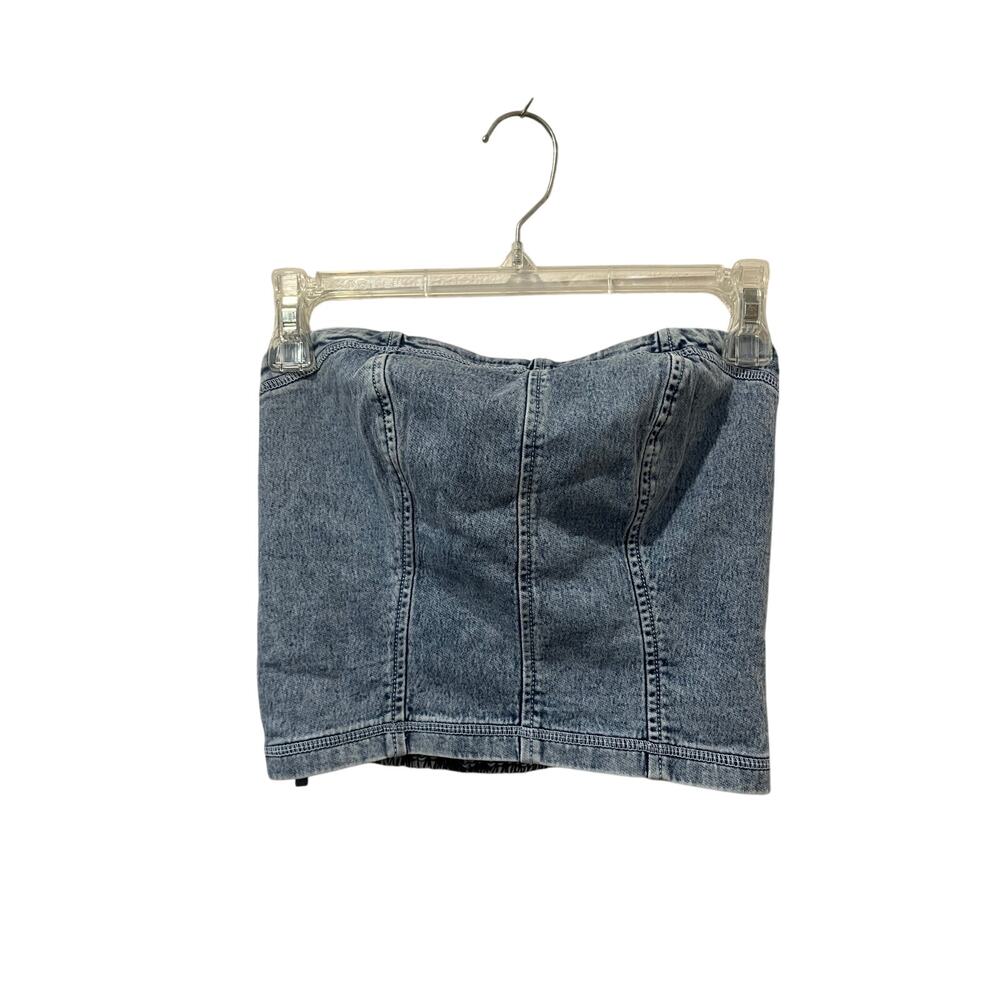 Aerie Denim Strapless Corset Top Size XS Smocked Back Y2K Bustier Tube